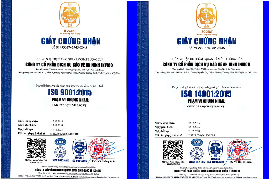 Công ty an ninh Invico được công nhận ISO 9001:2015  -  hệ thống quản lý chất lượng dịch vụ chuyên nghiệp